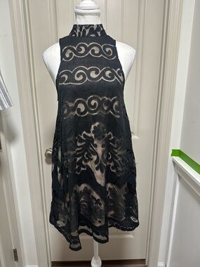 Tobi Black Lace High-Neck Mini Dress